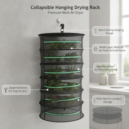 Collapsible Hanging Dryer with Zippered Mesh Layers, Space-Saving Foldable Air Drying Rack for Kitchen, Balcony, and Laundry (Black) - size: 12.99 x 12.99 x 53.15 in