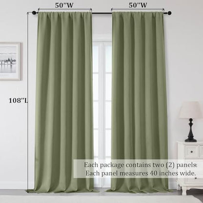 Sally Extra Sage Green Blackout Curtains 108 Inches Long 2 Panels Set for Bedroom Living Room, Solid Thermal Insulated Privacy Room Darkening Window Treatment Drapes, 2 Pcs Each W50 x L108 Inch - color: Sage Green, size: 50"W x 108"L (Pack of 2)