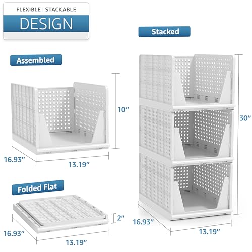 Sorbus 3 Pack Folding Closet Shelf Organizer for Clothes - Versatile Stackable Storage Baskets for Closet, Bathroom, Kitchen and Garage - Easy Access Open Front Design - Plastic Organizer Shelves - size: 3 Large