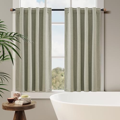 Sage Green 100% Blackout Kitchen Linen Curtains Back Tab Pleated Small Drape 36 Inch Length Privacy Thermal Insulated Elegant Mini Cafe Curtain for Rustic Farmhouse Bathroom Bedroom 26x36 - color: Sage Green, size: 26"W x 36"L (Pack of 2)