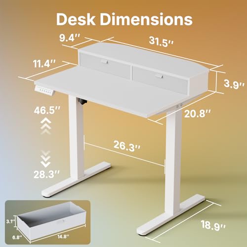 HUANUO 32" X 21" Electric Standing Desk with 2 Drawers, C-Clamp Mount Compatible, Height Adjustable Computer Desk, Home Office Stand Up Desk with 4 Preset Heights & 2 Hooks, White - color: White, size: 32" X 21"