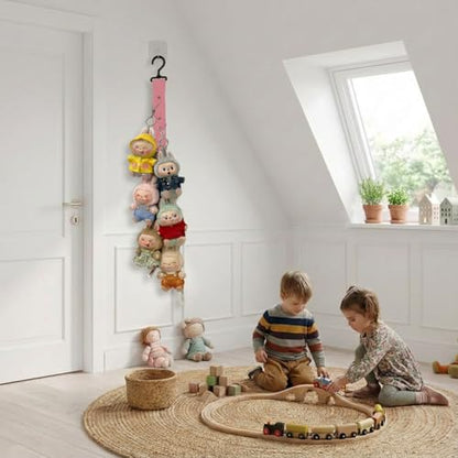 Plush Doll Hanging Storage Rope Display Rack with 8 Clips – Wall Hanging Organizer for Keychain Plushies, Mini Toys– Holds up to 3kg (2 PCS Pink) - color: 2 PCS Pink