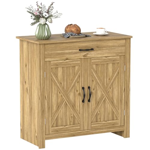 HOMCOM Farmhouse Sideboard Buffet Cabinet Barn Door Natural Wood Effect | Coffee Bar Cabinet, Drawer, Adjustable Shelf, Kitchen, Living Room, Entryway - color: Natural Wood Effect