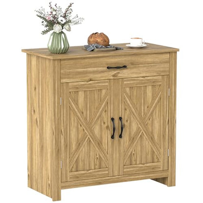 HOMCOM Farmhouse Sideboard Buffet Cabinet Barn Door Natural Wood Effect | Coffee Bar Cabinet, Drawer, Adjustable Shelf, Kitchen, Living Room, Entryway - color: Natural Wood Effect