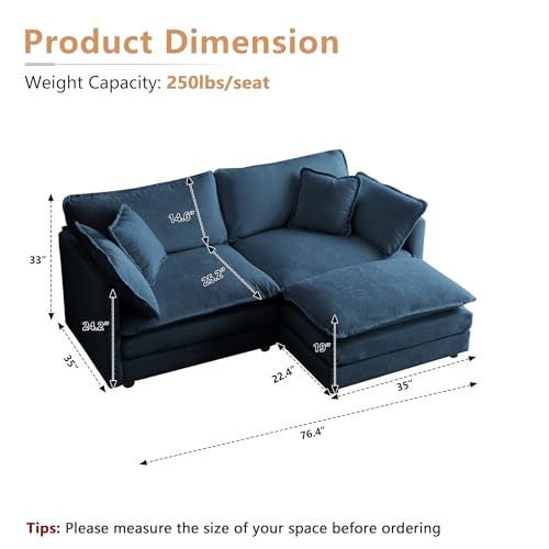 Modular Sectional Sofa, 76.4 Inch L Shaped Couch Set for Living Room, Loveseat Comfy Cloud Couches with Movable Ottoman, DIY Combination, Chenille, Blue - color: Blue, size: 76.4 Inch- L