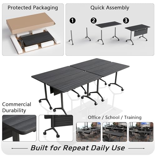 Folding Conference Table with Wheels Set of 6, Modular Conference Room Table for 6-12 Person Meetings, Flip Top Rolling Training & Classroom Tables, Nesting Office Tables - color: Ebony, size: 55.1 in