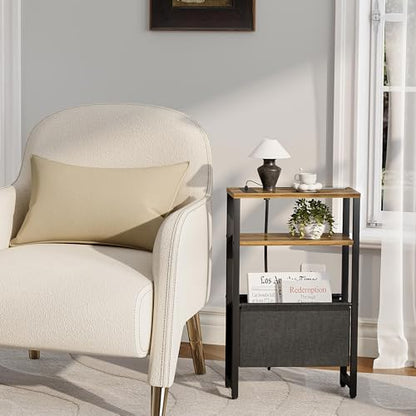 Narrow Side Table with Charging Station Slim End Table Sofa with Magazine Rack, Bedside Table for Small Spaces, 3 Tier Nightstand for Living Room Couch, Bedroom Walnut Brown LET503BRE - color: Walnut Brown, style: With Charging Station