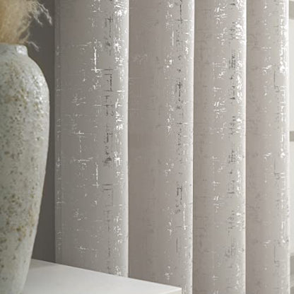 Taisier Home Silver Foil Print Linen Textured Curtains Geometric Dots Pattern Design Curtains for Nursery Toy Room Thermal Insulated Window Treatment 2 Panels 45" L,Beige and Silver Drapes Print - color: Greyish Beige/Silver, size: 52"W x 45"L (Pack of 2)