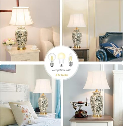 27.95 Modern Table Lamps, Ceramic Table Lamp with Painted Leaves, White Bedside Table Lamp, Table Lamp for Bedroom, Living Room, Study Room