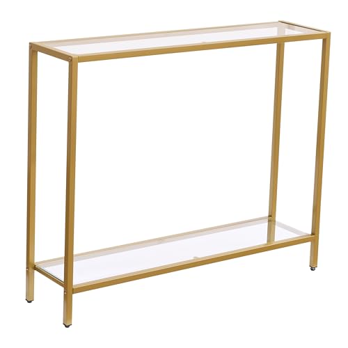 Small Modern Console Table for Entryway, Tempered Glass with Metal Frame Sofa Table for Living Room, Hallway, Office (Double-Layer, Gold) - color: Gold, style: Double-layer