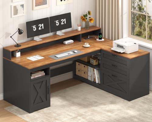 61" Farmhouse L Shaped Desk with Drawers ＆ Storage Shelves for Home Office | Home Office Desk with Storage Cabinet and Power Outlet, Brown Black Desk with Storage Shelves and Monitor Stand - color: Brown and Black