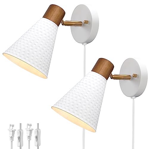 White Plug in Wall Sconces Set of 2, Modern Wall Light with Plug in Cord, Wooden Plug in Sconce with Hammered Metal Shade, Corded Wall Sconce Light Wall Lamp for Bedroom, Living Room, Hallway - color: White