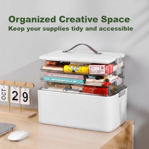 MOPALL Craft Medicine Cabinet Organizers Storage Box for Art Supply Sewing | 4-Tier Mega Capacity, Portable Latch Bin with Lid, Leather Handle, Space-Saving, for Home Office, Pill Bottle, First Aid