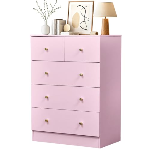 Karl home Pink 5 Drawer Dresser, Rose Gold Handle Modern Bedroom Chest | Modern Wood Storage Dresser with Anti-Tipping Device, Multi-scene Furniture for Bedroom, Living Room, Hallway, Office - color: Pink-5 Drawer