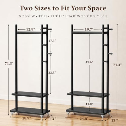 Coat Rack Solid Wood Stand Storage 2 Shelves 4 Hooks Black | Entryway hallway bedroom office, durable wood construction, freestanding design, coats hats bags storage - size: Black -S:18.9''D x 13''W x 71''H (With Wheels）