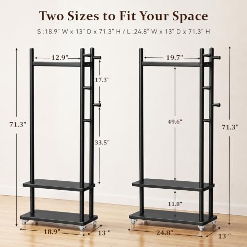 Coat Rack Solid Wood Stand Storage 2 Shelves 4 Hooks Black | Entryway hallway bedroom office, durable wood construction, freestanding design, coats hats bags storage - size: Black -S:18.9''D x 13''W x 71''H (With Wheels）