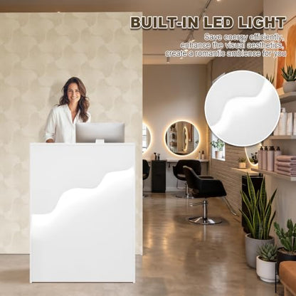 Reception Desk with Counter LED Light, Modern Front Desk with Lockable Drawer, White Retail Checkout Counter for Clothing Store Lobby Beauty Salon (White, 37.8x31.5x15.7in) - size: 37.8x31.5x17.7in