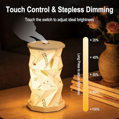 Foldable Mini Night Light, USB Rechargeable Touch Lamp | Portable Paper Lantern Lamp with Dimmable Warm Glow, Boho Leaf Pattern, Rotating Design for Bedroom, Living Room & Travel