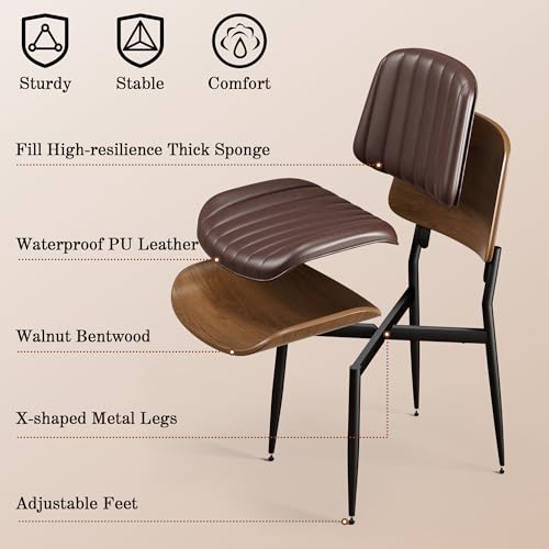 Dining Chairs Set of 2, Mid-Century Modern Upholstered PU Leather Chairs | with Walnut Bentwood Back and Metal Legs Adjustable Feet for Kitchen Dining Living Room, Dark Brown Vertical Stripes - color: Dark Brown Vertical Stripes
