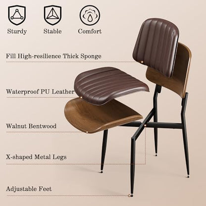 Dining Chairs Set of 2, Mid-Century Modern Upholstered PU Leather Chairs | with Walnut Bentwood Back and Metal Legs Adjustable Feet for Kitchen Dining Living Room, Dark Brown Vertical Stripes - color: Dark Brown Vertical Stripes