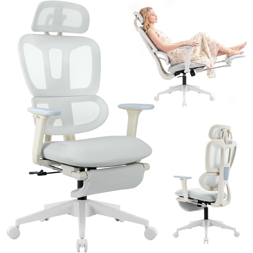 Ergonomic Office Chair with Footrest, 90-135° Reclining High Back Desk Chair with Lumbar Support, 2D Headrest, 2D Armrests, Computer Chair for Long Hours, Light Grey - color: Light Grey