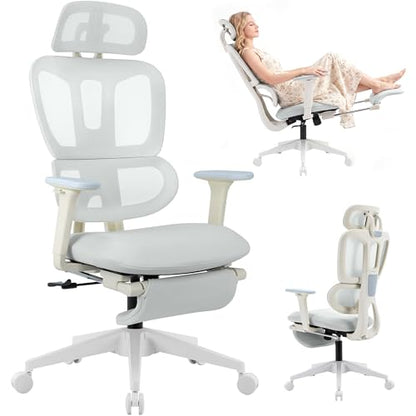 Ergonomic Office Chair with Footrest, 90-135° Reclining High Back Desk Chair with Lumbar Support, 2D Headrest, 2D Armrests, Computer Chair for Long Hours, Light Grey - color: Light Grey