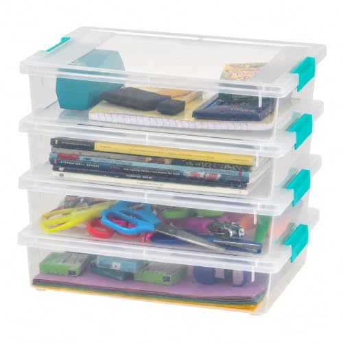 IRIS USA Storage Bins with Lids |Made in USA| 6 Qt - (4-Pack) - Clear | Sensory Craft Organizers, Plastic Clip Box Totes, Flat Containers for Organizing Paper, Office, Art & Study Supplies - color: Clear/Seafoam Blue, size: 6 Qt. - 4 Pack