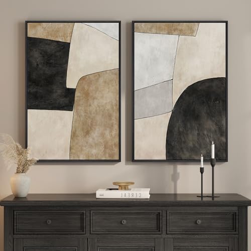 Framed Beige Black Abstract Wall Art for Living Room, Set of 2 Minimalist Geometric Neutral Artwork for Walls, Large Contemporary Painting Print for Bedroom Hallway Home Office Wall Decor, 24x36 Inch - color: Contemporary Abstract, size: 24" W x 36" H x 2