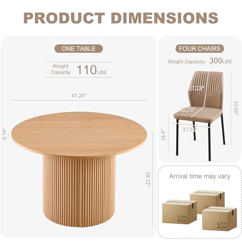 Dining Table Set for 4, 47" Wooden Round Kitchen Table with PU Leather Chairs for Kitchen Room and Small Spaces(Oak Table + 4 Beige Chairs) - color: Beige, size: 47" Oak Round Table+4 Chairs
