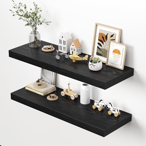 Dreamland 40" Floating Shelves for Wall, 12" Deep Thicker Black Floating Shelves, Wall-Mounted Shelves for Bedroom, Living Room, Kitchen, Bathroom - Set of 2 - color: Black, size: 40"W x 12"D x 2"H, Set of 2