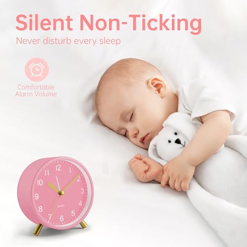 JALL Analog Alarm Clock, 4 inch Super Silent Non Ticking Small Clock with Night Light, Battery Operated, Simple Design, Easy Setting for Office, Bedroom, Bedside, Desk, Teens, Elders, Adult, Pink - color: Pink+gold