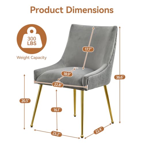 WUTUTUEE Velvet Dining Chairs Set of 2 Gold Legs,Upholstered Velvet Accent Chairs, Pleated Back Design & Gold Pull Handle, Mid Century Modern Chairs for Dining/Kitchen/Living Room,Light Grey - color: Light Grey, size: Set of 2