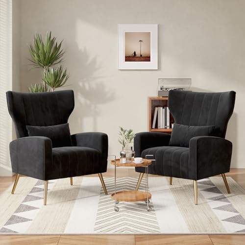 Nebuaegis Velvet Accent Chair Wingback for Living Room, High Back Arm Chair with Golden Legs Lumbar Pillow, Upholstered Single Sofa Bedroom Black - color: Black, size: Set of 1