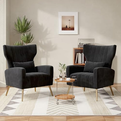 Nebuaegis Velvet Accent Chair Wingback for Living Room, High Back Arm Chair with Golden Legs Lumbar Pillow, Upholstered Single Sofa Bedroom Black - color: Black, size: Set of 1