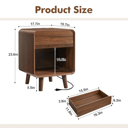 Nasonet Small Night Stand Set 2, 17.7'' Wide Bedside Table with Charging Station, Mid Century Modern Nightstands with Drawers, End Table for Living Room, Curved Beveled Design, Walnut - color: Walnut, size: 1 Drawer