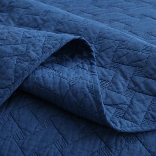 Wistown Cotton Queen Bedspread Quilt Bedding Set, Navy Blue | 3 Pieces Reversible Lightweight Soft Coverlets Comforters, All Seasons, Weave Stitching Pattern - color: Navy Blue Weave Pattern, size: Queen (90 by 98inch)