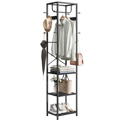 ELYKEN Coat Rack Freestanding, Hall Tree with 3 Shelves and 12 Hooks, Black | Industrial Metal Frame, Space-Saving Design, Clothes Rack Stand Organizer for Bedroom, Hallway, Entryway, Office, Living Room - color: Black