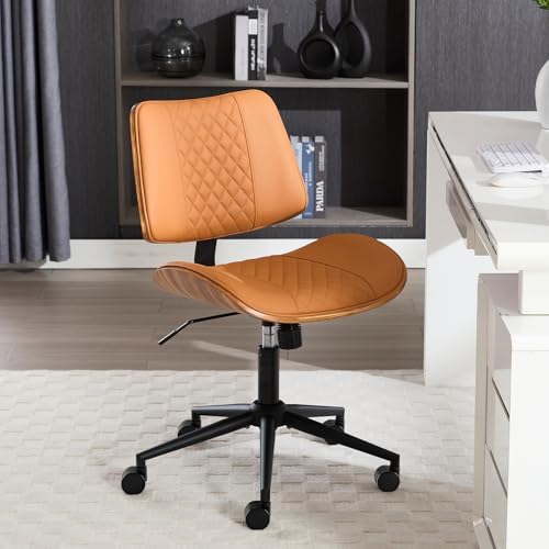 Home Office Chair No Arms with Wheels, Mid Back Walnut Style, Brown | Adjustable Height PU Leather Mid Back Support, 360 Swivel Computer Small Desk Seat, Armless Walnut Office Chair, 300LBS Cap - color: Brown, size: MCM Style