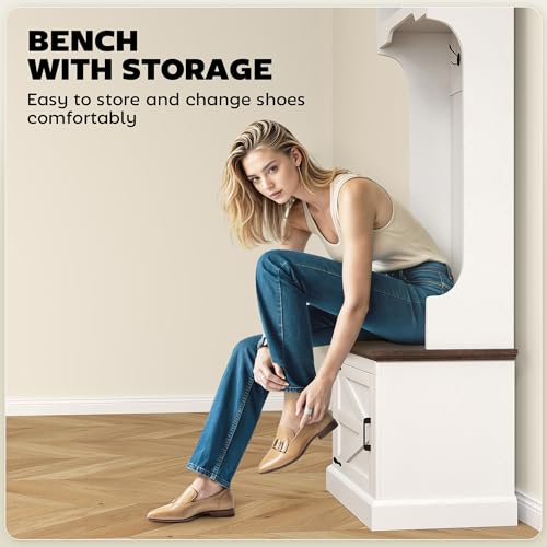 HOMCOM 3-in-1 Hall Tree with Shoe Storage, Shoe Bench, White Wood Grain | Standing Coat Rack, Entryway Furniture, Three Hooks - color: White Wood Grain