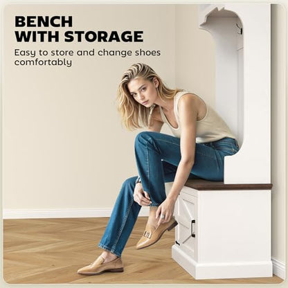 HOMCOM 3-in-1 Hall Tree with Shoe Storage, Shoe Bench, White Wood Grain | Standing Coat Rack, Entryway Furniture, Three Hooks - color: White Wood Grain