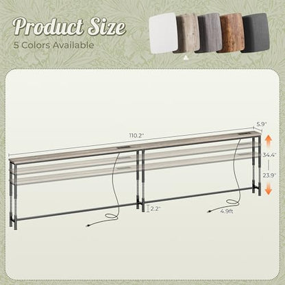 Huuger 110.2 Inch Sofa Table with Power Outlets, 23.9’’-34.4’’ Height Adjustable Range, Behind Couch Table with USB-C Ports, Sofa Tables Narrow Long, Skinny Console Table, Small Spaces, Country Rustic - color: Oak, size: 110.2''W x 23.9''-34.4''H