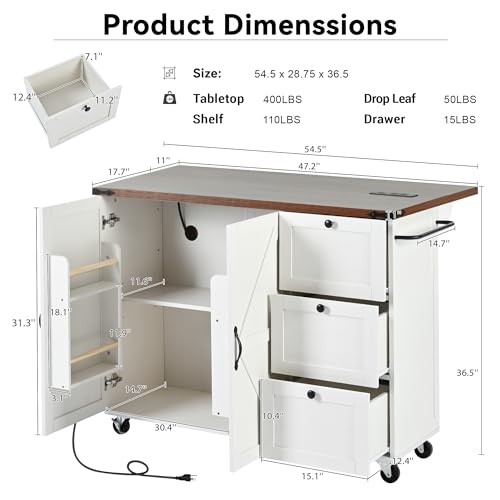 Kitchen Island, Rolling Kitchen Cart with Power Outlet | Built-in power outlet, 2 AC outlets and 2 USB ports, easy charging for coffee maker, juicer, toaster, or devices - color: White + Particle Board+mdf