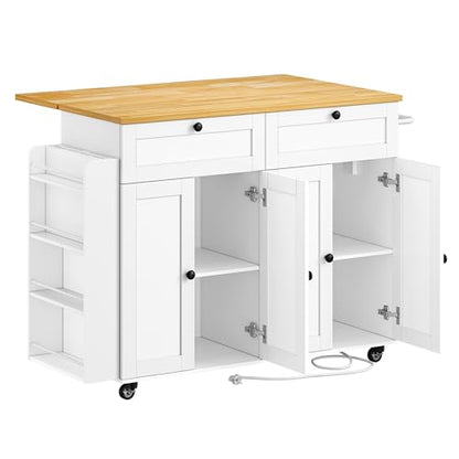 Hzuaneri Kitchen Island with Power Outlet & Drop Leaf, 53.1" Rolling | Kitchen Island Cart on Wheels, Portable Mobile Island Table with Spice Rack Towel Rack, Knife Holder Drawers, White KT00103W