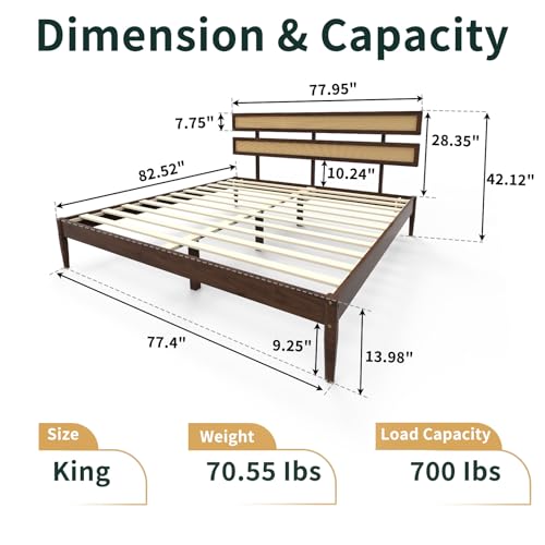 VINGLI Solid Wood King Size Rattan Bed Frame with Headboard, Boho Platform Panel Bed,Brown - size: King (U.S. Standard)