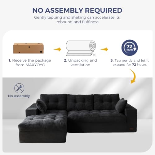 MAXYOYO Boneless Couch, 96-Inch L-Shaped Cloud Couch with Ottoman | Black Layered Cushioning and Flexible Modules Create an Upholstered Sofa in a Box with No Assembly for Spacious Living Rooms. - color: Black, size: 96" L Shape