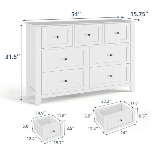 GarveeHome White 7 Drawer Dresser for Bedroom | Simply Modern Chest of Drawers, Wood Storage Double Dresser with Deep Drawers for Living Room, Hallway Entryway - color: White, size: 15.8"D x 54"W x 31.5"H (7 Drawers)