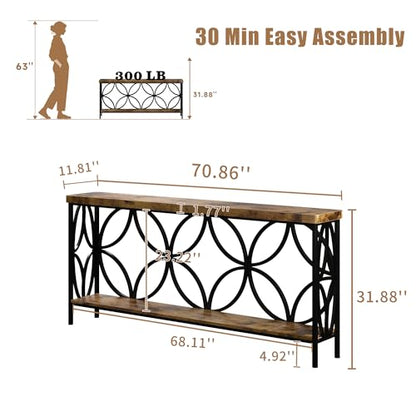 70.9 inch Extra Long Sofa Table, Industrial Console Table Behind Couch | With 2 Tier Storage Shelf, Entryway Console Table for Entryway, Living Room, Foyer, Hallway, Unique Design, Rustic Brown - color: Rustic Brown