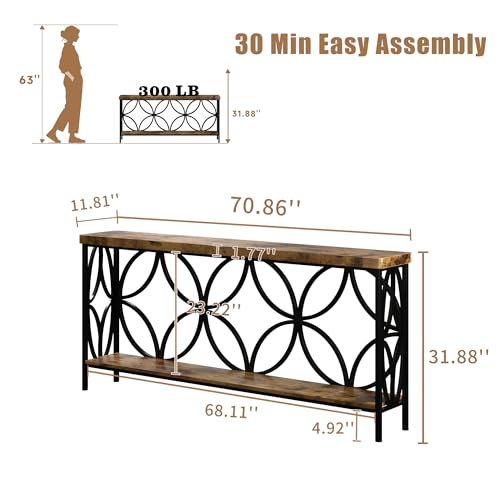 70.9 inch Extra Long Sofa Table, Industrial Console Table Behind Couch | With 2 Tier Storage Shelf, Entryway Console Table for Entryway, Living Room, Foyer, Hallway, Unique Design, Rustic Brown - color: Rustic Brown