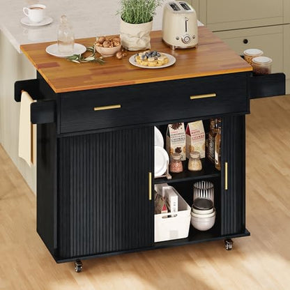 DHH Rolling Kitchen Island with Drop Leaf Countertop&Ample Storage - 39.4" Small Mobile Kitchen Cart On Wheels with Sliding Door,Drawers,Spice Rack & 2-Tier Storage(Black) - color: Black