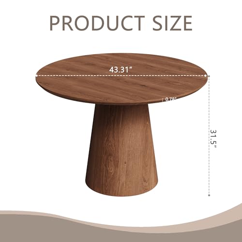 43" Round Dining Table Modern for 4, Natural Wood Grain Circle Kitchen Table with Cone Wood Pedestal Base, Mid Century Circular Dining Table for Living Room, Walnut - color: 43 Inch Walnut